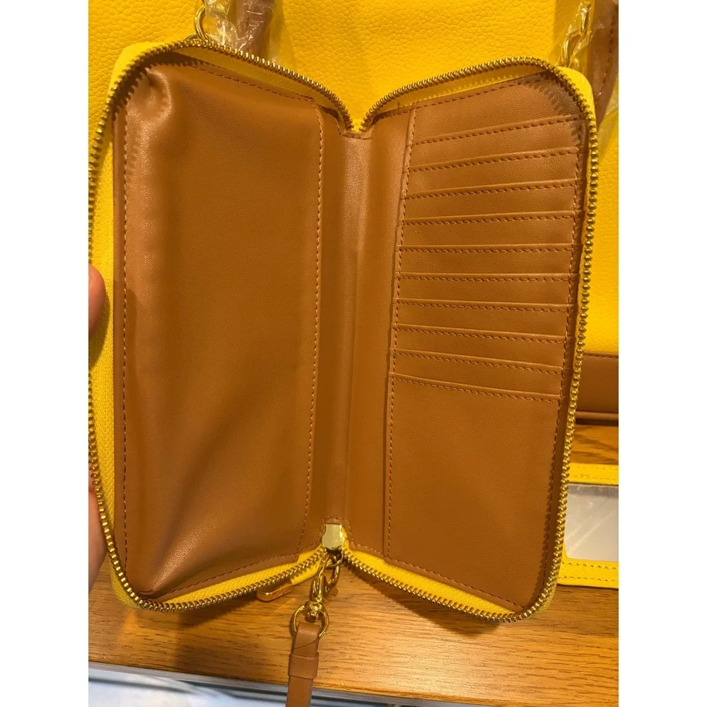 Joy & Iman Yellow Tan Split Leather Satchel Handbag Set with Wallet and Clock